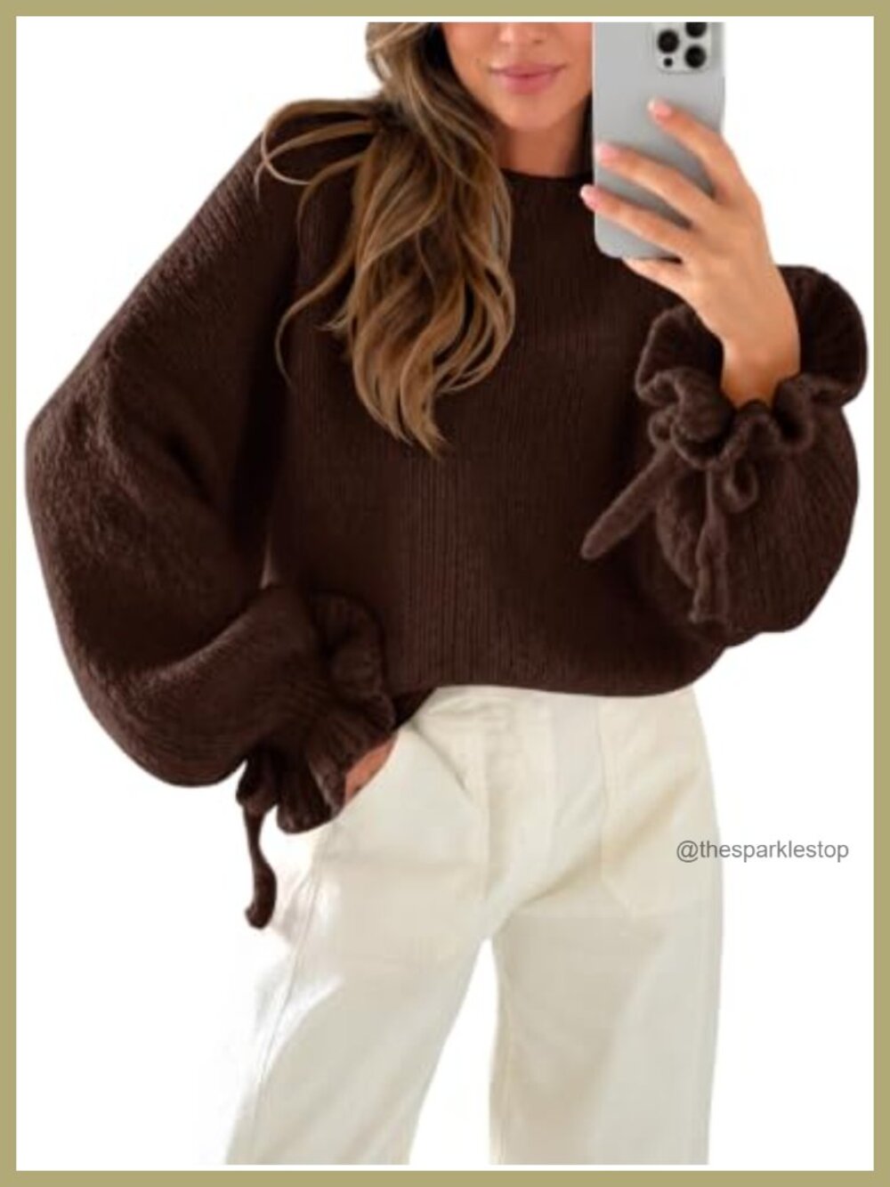 Saodimallsu Womens Ruffle Sleeve Chunky Knit Oversized Sweater Pullover